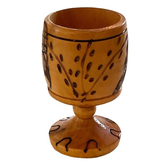 Vintage Wood Pedestal Cups Egg Cup or Tiki Bar Shot Glass Hand Turned Pyrography - Picture 5 of 7